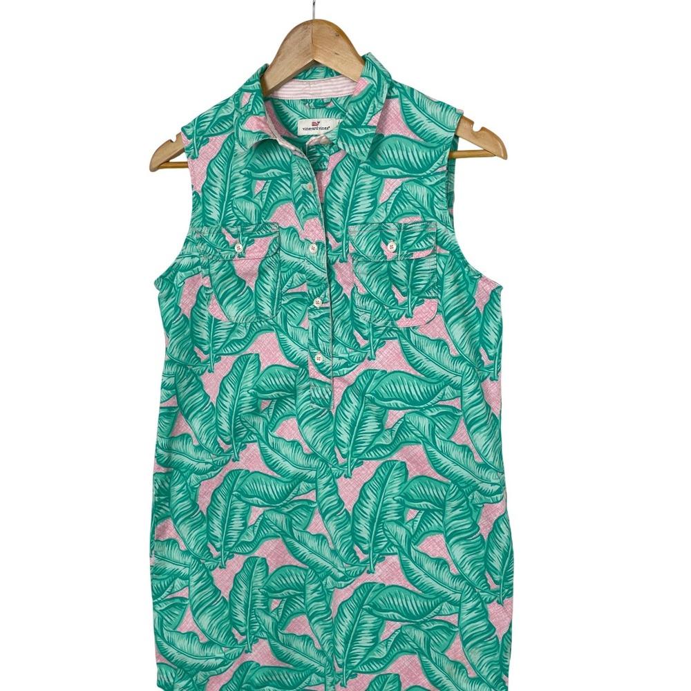 Vineyard Vines Pink Green Leaf Print Sleeveless Shirt Dress Sz 6 Preppy Vacation - Picture 2 of 8